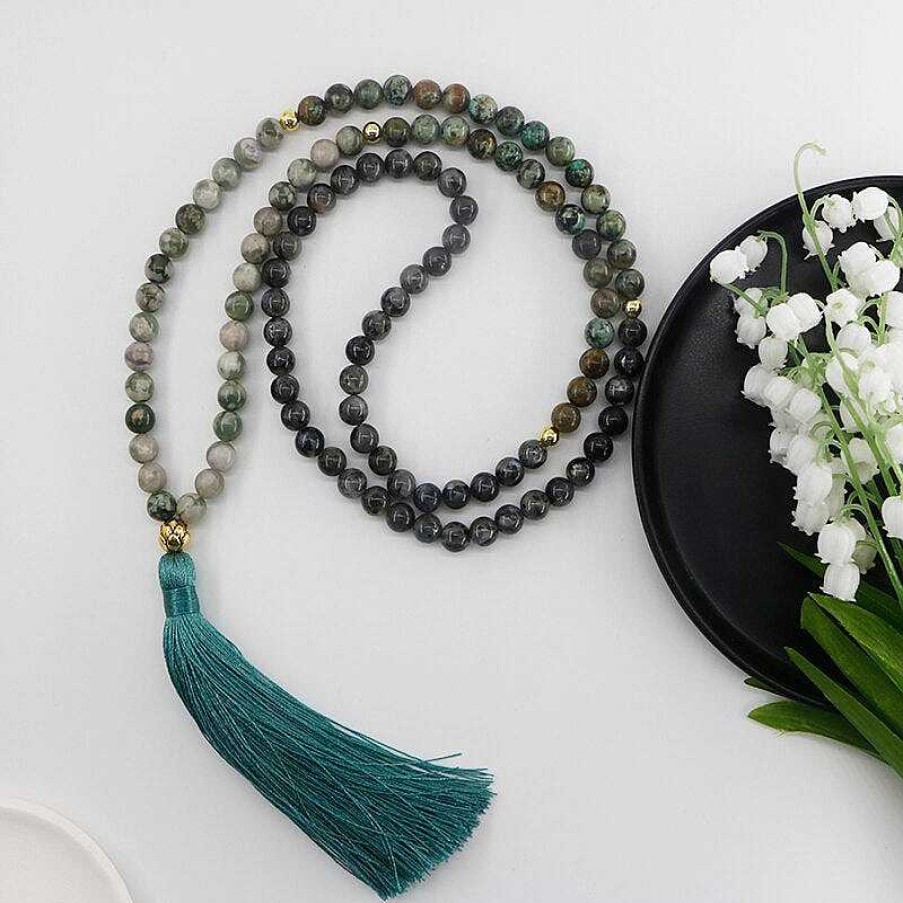 Colliers Âme et Esprit | Set Mala Lotus En Labradorite Noire, Jaspe & Turquoise Africaine