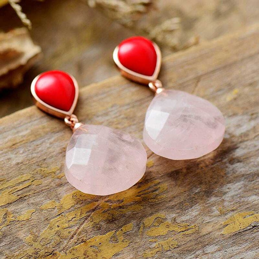 Boucles D'Oreilles Âme et Esprit | Boucles D'Oreilles Amour-Propre En Quartz Rose Et Corail