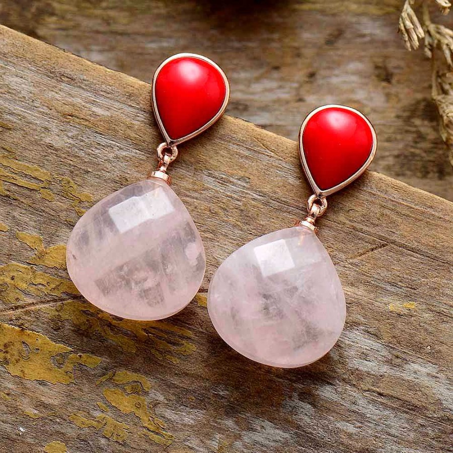 Boucles D'Oreilles Âme et Esprit | Boucles D'Oreilles Amour-Propre En Quartz Rose Et Corail