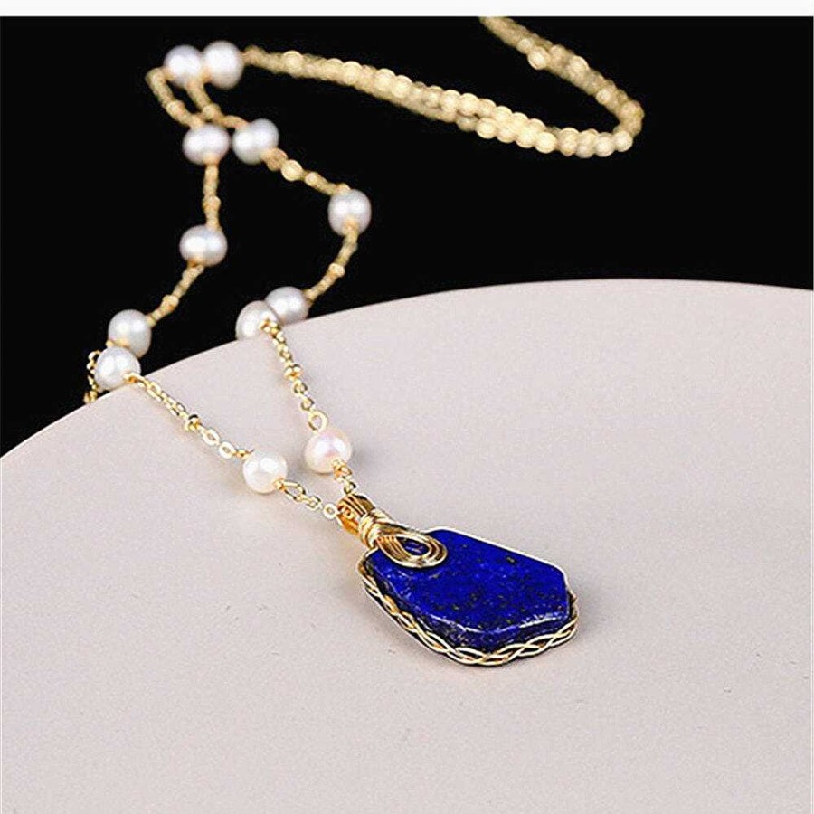 Colliers Âme et Esprit | Pendentif Au Fond De L'Oc An En Lapis Lazuli Et Perle D'Eau Douce